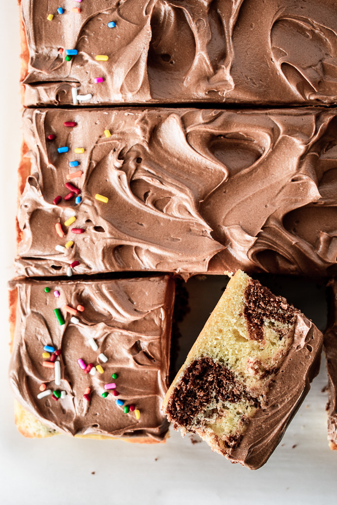 Birthday marble sheet cake with chocolate frosting