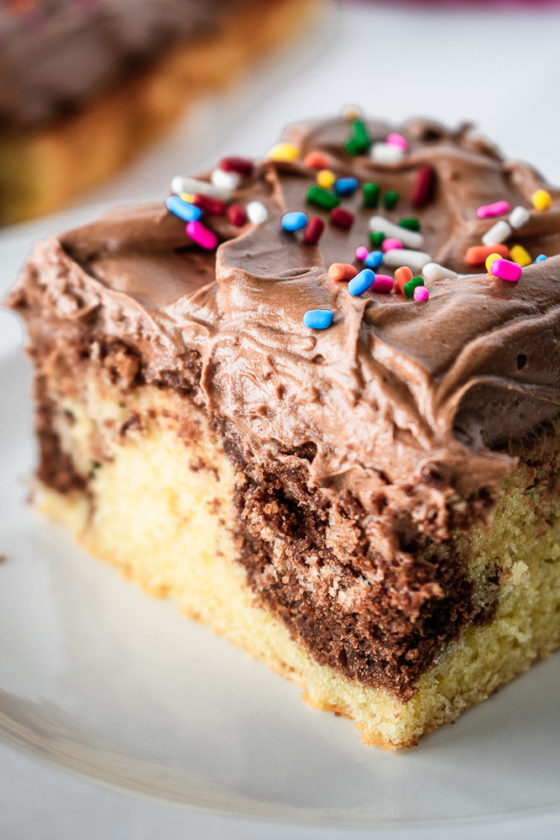 Marble Birthday Sheet Cake with Chocolate Buttercream - Buckets of Yum