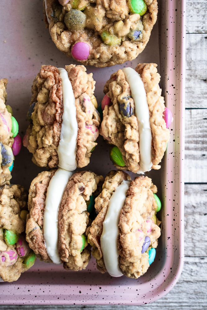 M&M Oatmeal Monster Cookie Sandwiches on a baking sheet