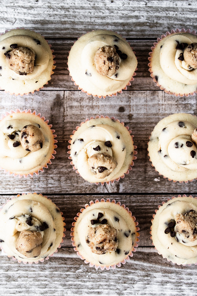 Chocolate chip cupcakes covered with edible cookie dough and cookie dough frosting