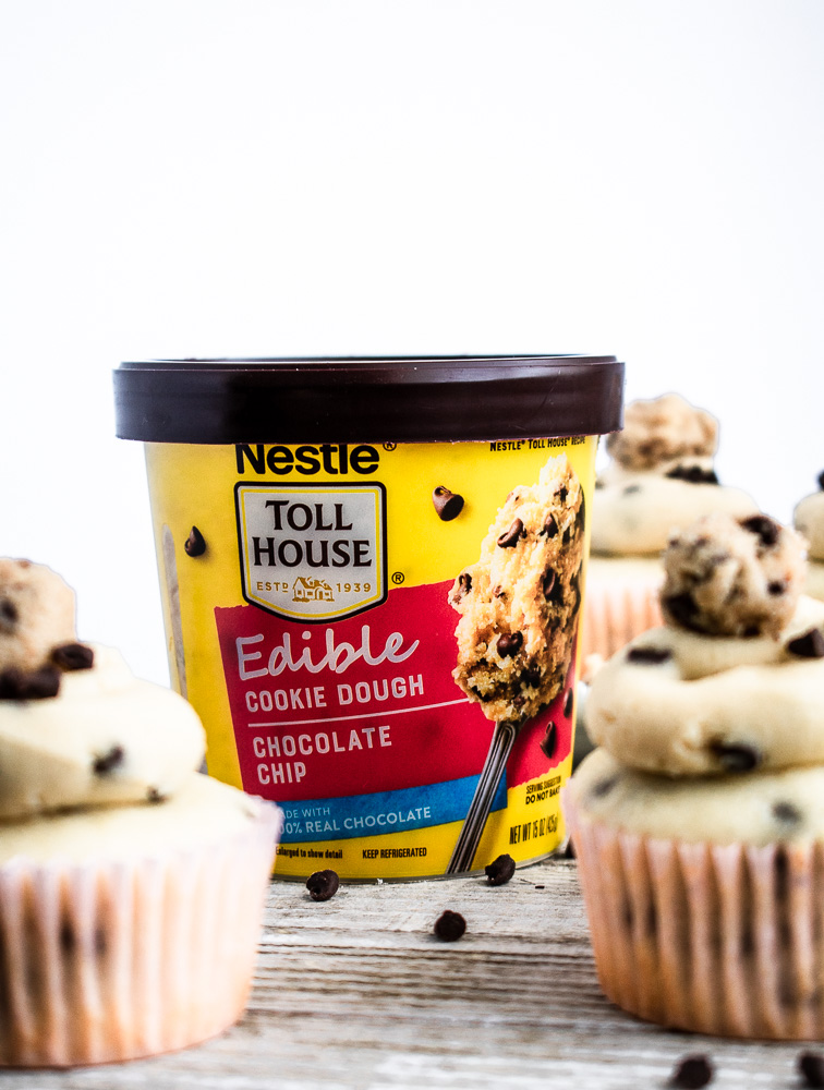 Toll House Edible Cookie Dough next to chocolate chip cupcakes