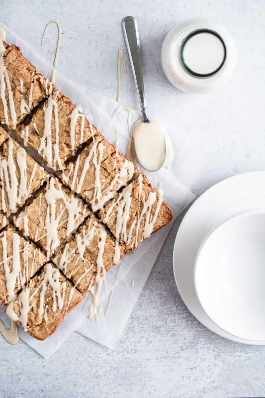 Maple peach blondies on parchment paper