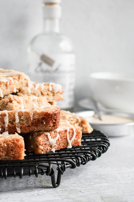 Stack of blondies on a black wire cooling rack