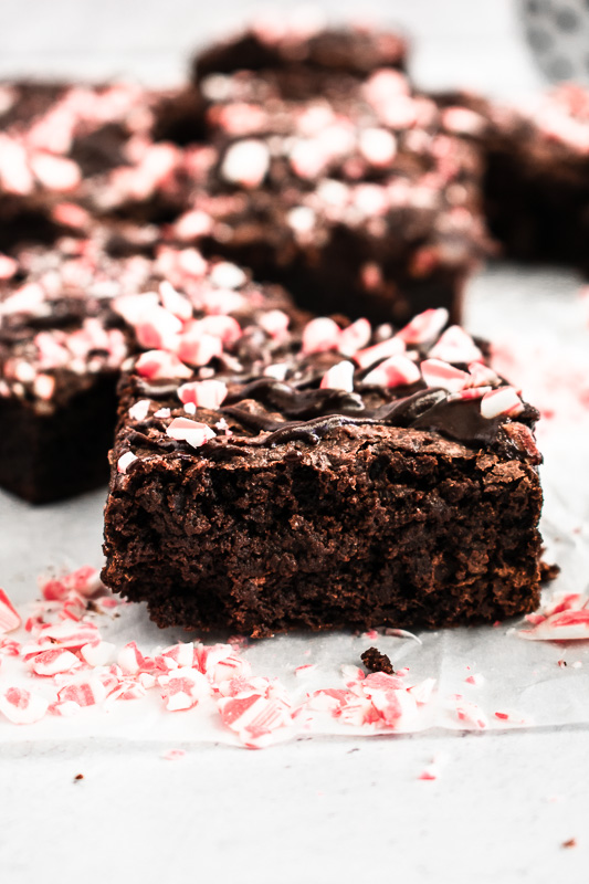 Close up of dark chocolate peppermint brownies