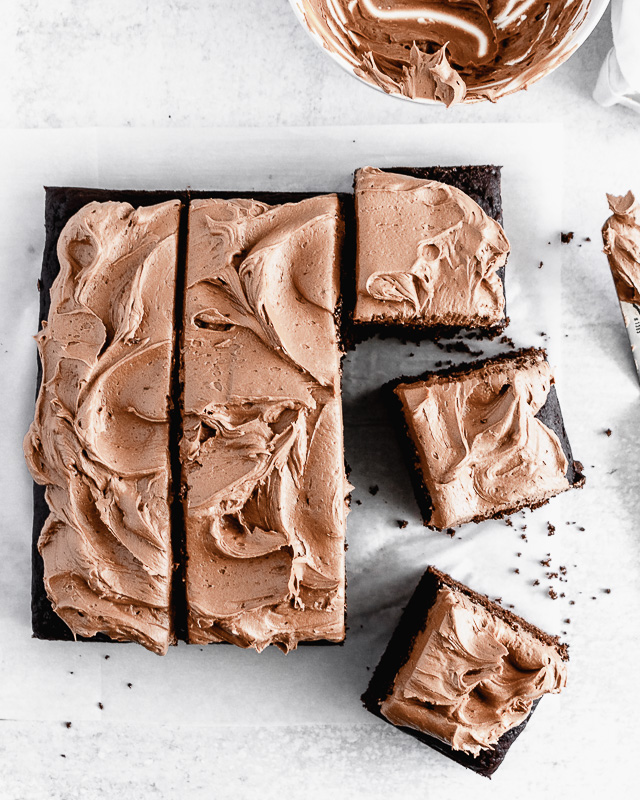 Slices of dark chocolate snack cake on parchment paper