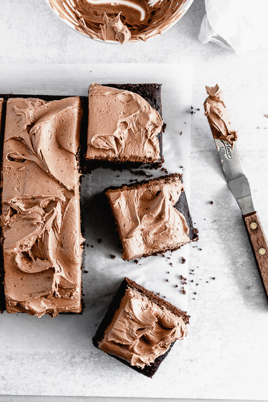 Slices of dark chocolate snack cake on parchment paper