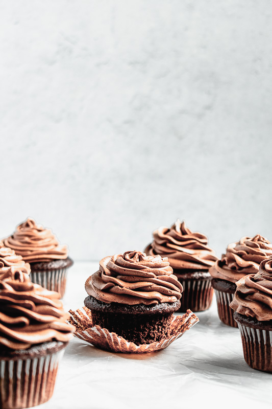 Double dark chocolate cupcake with cupcake liner removed