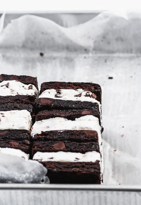 Brownie ice cream sandwiches in a 9x13 inch pan