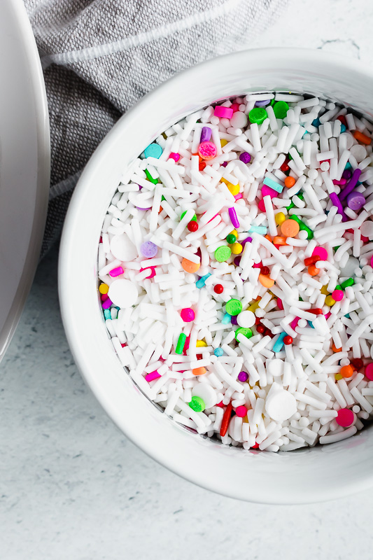 Birthday sprinkles in a white dish