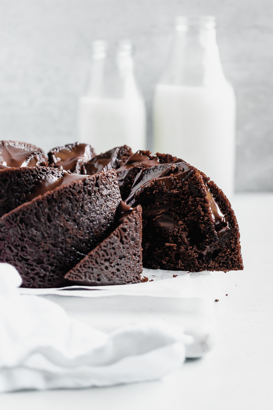Chocolate bundt cake with slice taken out