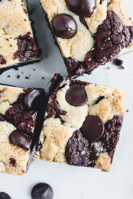Close up of chocolate chips in a chocolate chip brookie