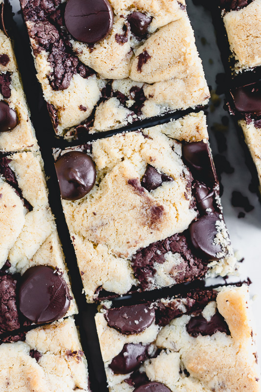 Close up of slices of chocolate chip brookies