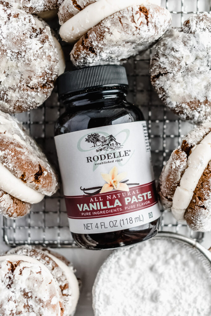 Rodelle vanilla bean paste surrounded by gingerbread cookie sandwiches