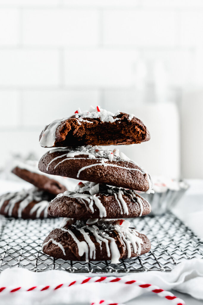A stack of dark chocolate peppermint brownie cookies