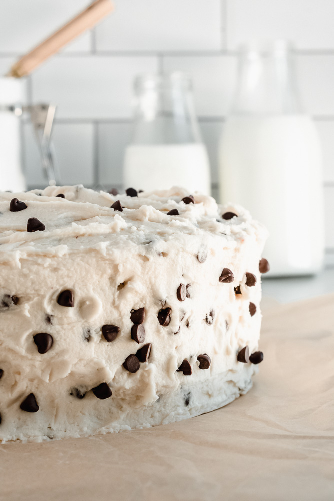 Chocolate chip layer cake covered with brown sugar buttercream