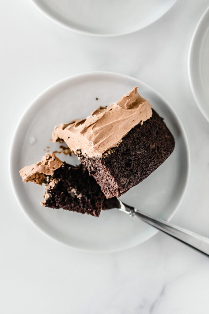slice of dark chocolate snack cake on a small plate
